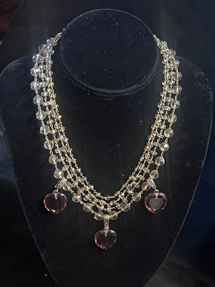 Collar de cristal de varios hilos con dijes de corazón extraíbles - China tono plata Foto 1 de 4