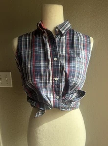 Rockies Vintage Top Sleeveless Button Blue Plaid 90s Small Western Cowgirl Rodeo - Picture 1 of 8