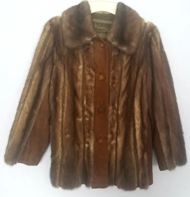 Casaco marrom vintage de pele de vison real dos namorados com painéis de camurça tamanho M - Imagem 1 de 4