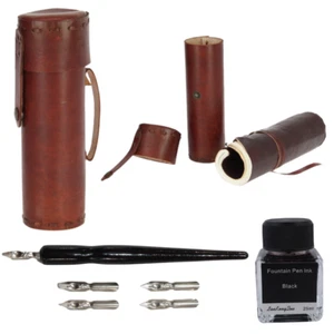 Leather Journal + Calligraphy Ink & Pen Set Brown Antique Spell Book Scroll 20cm - Picture 1 of 3
