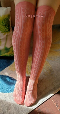 Calcetines tejidos por cable sobre la rodilla escuela niña bota larga OTK 8 colores verde beige Foto 1 de 4