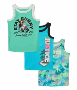 Justice Girls Tank Tops Blue Green Size 12/14 Colorful Graphics Logo 3 Piece Set - Picture 1 of 14