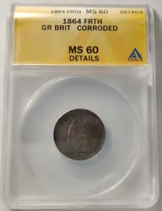 1864 ANACS MS60 Details Great Britain Farthing Rare High Grade Bronze Coin 3B - Picture 1 of 4