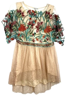 Y2k Tassels N Lace Sheer Embroidered Floral Ruffle Chiffon Lace Blouse CreamS - Image 1 of 4