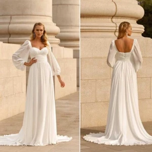 Strapless Wedding Dresses A Line Chiffon Long Sleeves Sweep Train Backless Ruche - Picture 1 of 20