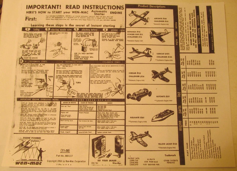 Wen-Mac Copies of Starting & Operating Instructions - Gas Powered Planes, Cars - Image 1 of 1