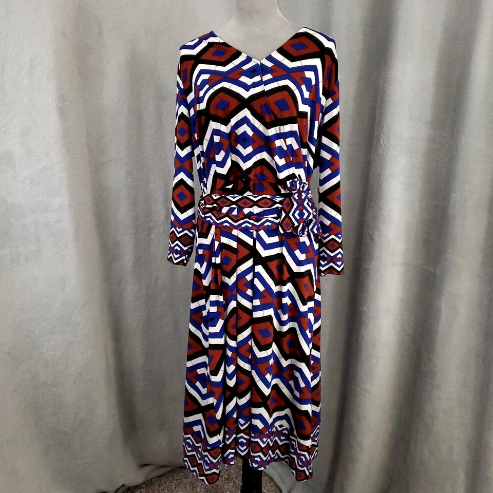 Vestido Mujer Talla 1X Rojo Azul Blanco Geométrico Cinturón Midi Elástico Foto 1 de 4