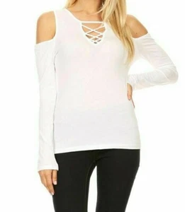 SMALL Ambiance Cold Shoulder Casual Long Sleeve Sexy Keyhole V-Cutout Top - Picture 1 of 7