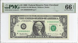 1995 $1 CLEVELAND FRN. PMG GEM Uncirculated 66 EPQ Banknotes. D/R Block - Picture 1 of 2