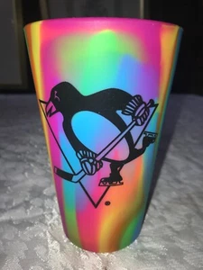 Rare SILIPINT Tie-Dye RAINBOW Stripe PITTSBURGH PENGUIN Logo 16oz PINT GLASS 5¾" - Picture 1 of 13