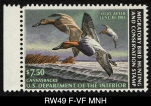 RW49 F/VF MNH 1982 Canvasbacks US Federal Duck Stamp Migratory Waterfowl - Picture 1 of 3