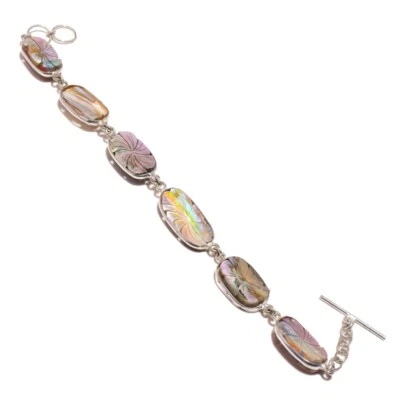 Elongated Oval Multi Color Mother of Pearl Gemstone Handmade Engraved Bracelet - Image 1 of 3