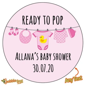 Personalised BABY SHOWER READY TO POP Bunting Stickers Cute Bag Cone 515 PINK - Picture 1 of 3