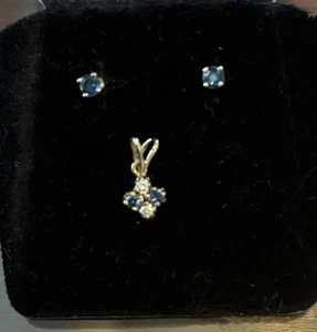 14K YG Gold Genuine Sapphire Diamond Pendant with Sapphire Stud Earrings Vintage - Picture 1 of 6