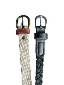 Lot Of 2 Vtg Belt Beige Canvas Black Braided Leather Western Boho Preppy 33” - Picture 1 of 6