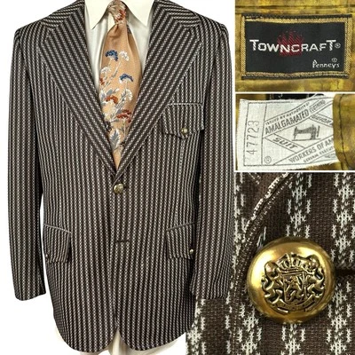 Vintage 1960s Towncraft Sport Coat Blazer Brown Striped 40R MiUSA Leisure Suit - Image 1 of 4