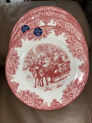 ROYAL STAFFORD 4 RED SANTA SLEIGH SLED REINDEER DEER CHRISTMAS DINNER PLATE DISH - Image 1 of 4