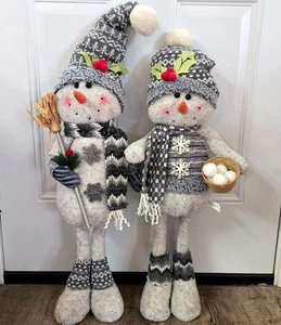 Cozy Winter Standing Snowman Couple Decorative Plush Figuresw Knit Hats 30" Set - Picture 1 of 13