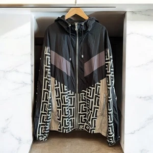 Balmain Monogram Nylon Jacket Multi Black Beige Size 48 Drawstring Hood - Picture 1 of 6
