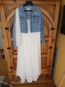 Brautkleid Sommerkleid Weiß Größe 42 mit Jeansjacke und Tuch, Straßsteine - Bild 1 von 14