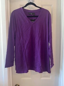 ATTITUDES by RENEE Washed Cotton Jersey V-Neck Top ROYAL PURPLE sz LARGE - Picture 1 of 2
