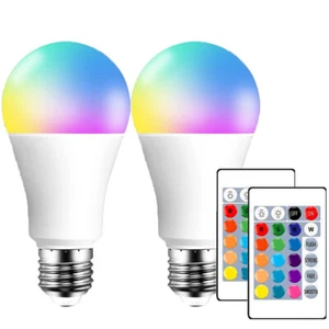 2 Pack A19 LED RGBW Light Bulbs 40W Equivalent 500LM Remote Dimmable E26 Base - Picture 1 of 7