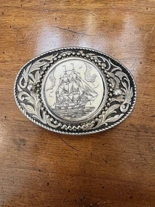 Solid Brass Clipper Schooner Sailing Ship, Nautical 70s Vintage Belt Buckle - Picture 1 of 2