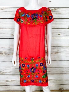 Mexican Womens Off Shoulder Dress Size XL Coral w/ Multicolor Floral Embroidered - Picture 1 of 5