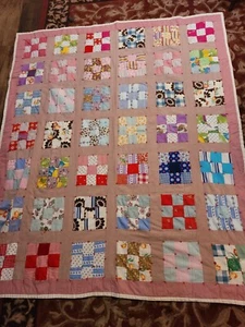 Vintage Nine Patch Patchwork Quilt 1930 1940 Prints. 78x66" - Picture 1 of 9