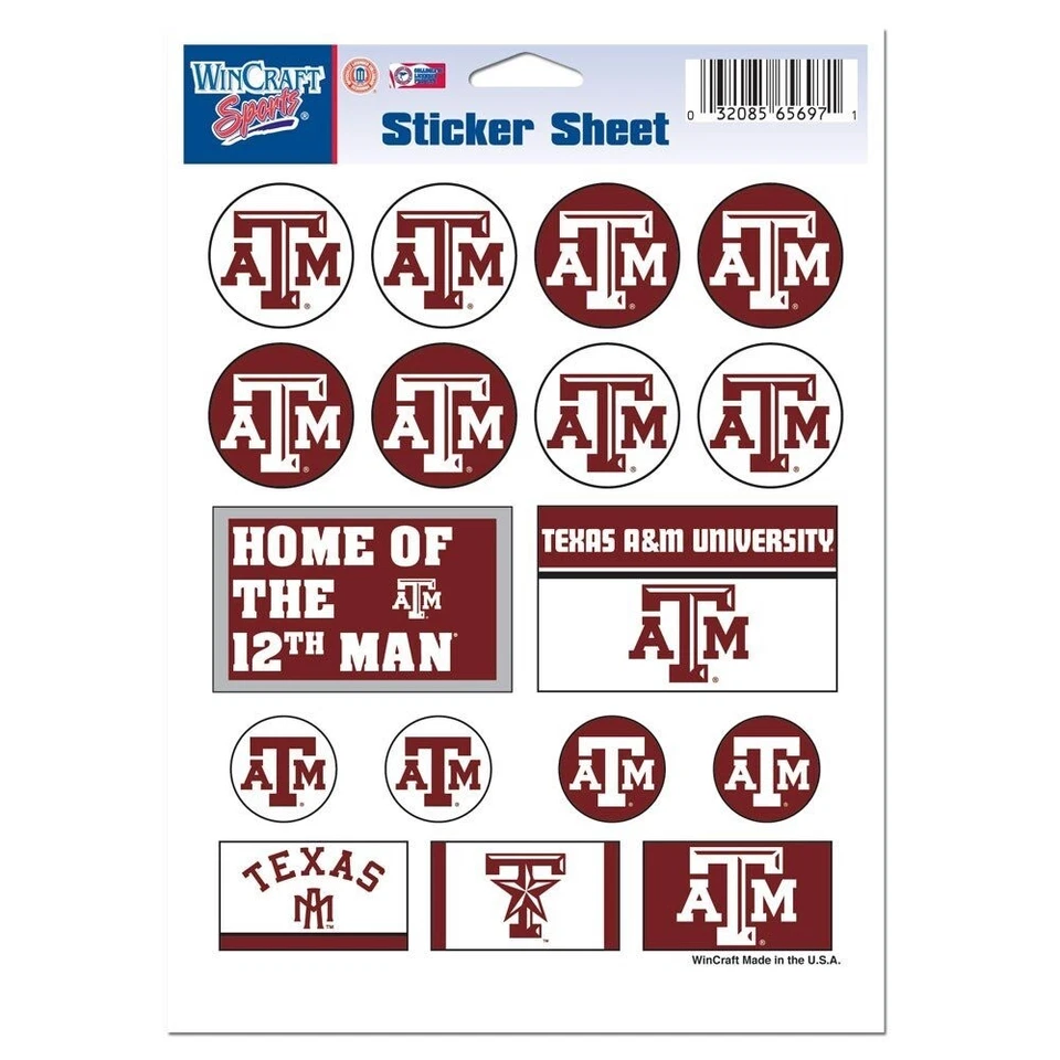 Texas A&M Aggies Vinyl Sticker Sheet 17 Decals 5x7 Inches Free Shipping - Image 1 of 2