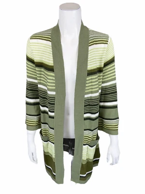 Cárdigan para mujer Isaac Mizrahi a rayas jaspeadas frente abierto verde talla XX-pequeña Foto 1 de 2