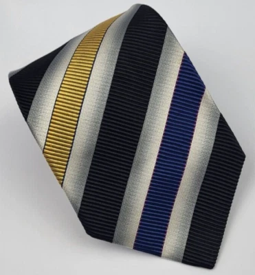 XMI Silk Tie Black Blue Gold Silver Stripes Men Necktie USA 58.5 x 3.75 - Image 1 of 4