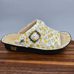 Sandalias Alegria Para Mujer 6.5 36 Blanco Amarillo Cuero Floral Hebilla Punta Abierta - Imagen 1 de 7