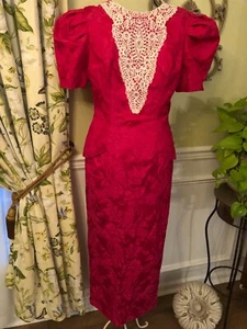 Vintage 80's Victorian Inspired Brocade Dress Garden Tea Party Fuschia Pink S - Picture 1 of 3