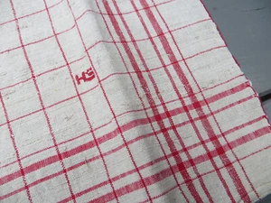 German Antique  Large Handwoven Linen Towel Red Stripes Dish Cloth 25 " by 26 " - Picture 1 of 5