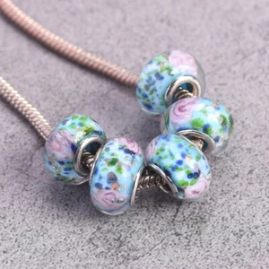 5pcs Pale Blue Floral 14mm Handmade Lampwork Glass European Charm Big Hole Beads - Picture 1 of 2