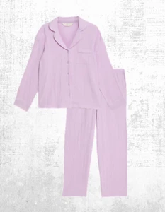 Ex M and S Women’s Long Sleeve Dobby Pattern Shirt Style Pyjama PJ Set in Lilac - Picture 1 of 5