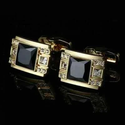 5Ct Princess Cut Lab Created Black Diamond Mens Cufflinks 14K Yellow Gold Plated - Image 1 of 3