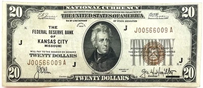 1929 US $20 THE FEDERAL RESERVE BANK KANSAS CITY NATIONAL BANK NOTE FR#1802 - Image 1 of 2