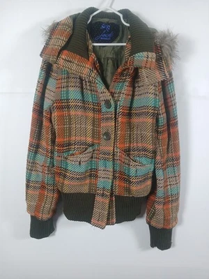 Chaqueta con Capucha a Cuadros Tweed Imitación Piel Borde BB Dakota Talla S Marrón Justo Naranja Azul Foto 1 de 4