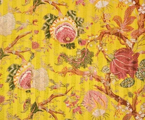 Indian Kantha Yellow Floral Print Kantha Quilt Throw Reversible Bedspread Cotton - Picture 1 of 4
