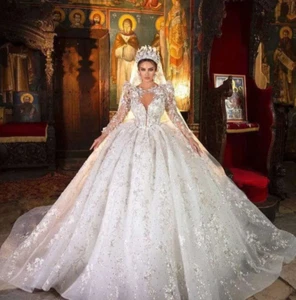 Vestidos de novia de princesa brillantes con volantes cuello en V mangas largas lentejuelas de encaje - Imagen 1 de 6