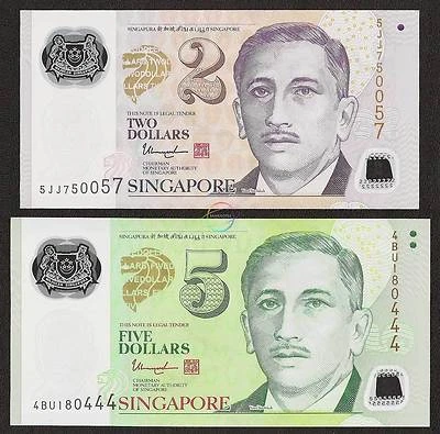 SINGAPORE SET 2 PCS 2 5 Dollars 2014-2020 P-46 47 POLYMER UNC Uncirculated - Image 1 of 4