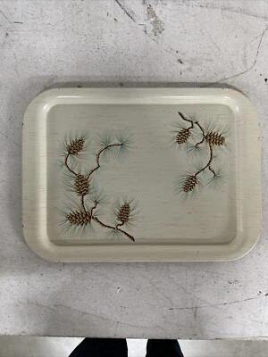 Vintage MCM Metal Lap Trays, Acorns Beige Gold Teal, 10.5" x 14.5" - Image 1 of 2