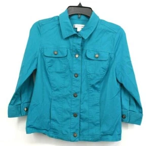 Christopher & Banks Womens Teal Button Front Collared Cotton Stretch Jacket Sz S - Picture 1 of 6