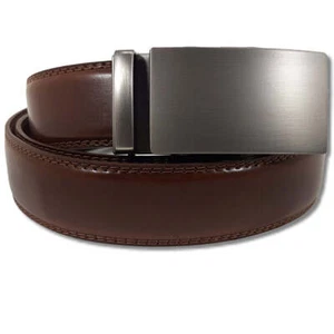 OSKA Men’s Belt Genuine Leather Automatic Buckle Matt Silver - Deep Tan Brown - Picture 1 of 6
