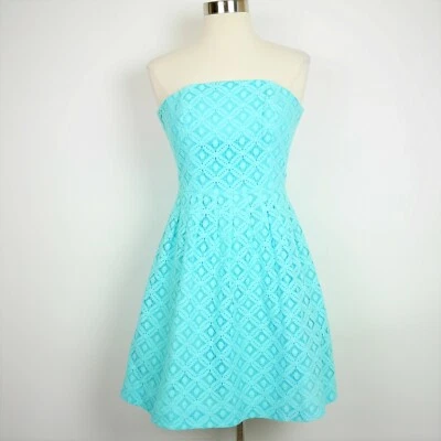 Lilly Pulitzer Mujer 00 - Vestido Azul Aqua Floral Crochet Tejido Sin Tirantes Línea A Foto 1 de 4