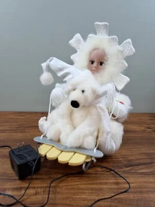Vtg Motionette Snow Girl Eskimo Polar Bear Sled 16" w/ Adapter Song No Movement - Picture 1 of 10