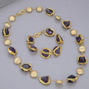 Purple Amethyst Rough Electroplated Edge Brushed Beads Necklace Bracelet Sets - Picture 1 of 10