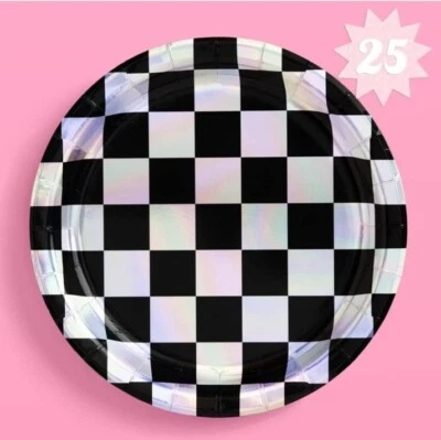 xo, Fetti Black and Iridescent Checker Paper Plates - 25 pack | Happy Birthday   - Изображение 1 из 3